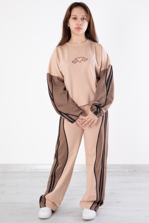 Bej Yanları Çizgili Kız Çocuk 2li Takım 20101