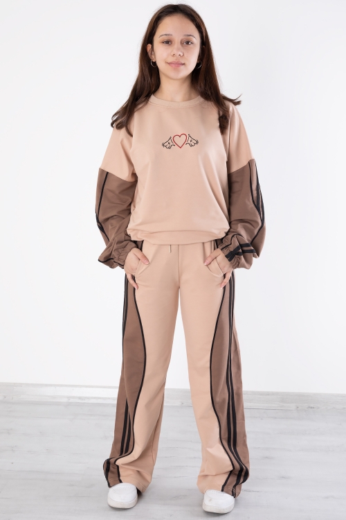 Bej Yanları Çizgili Kız Çocuk 2li Takım 20101