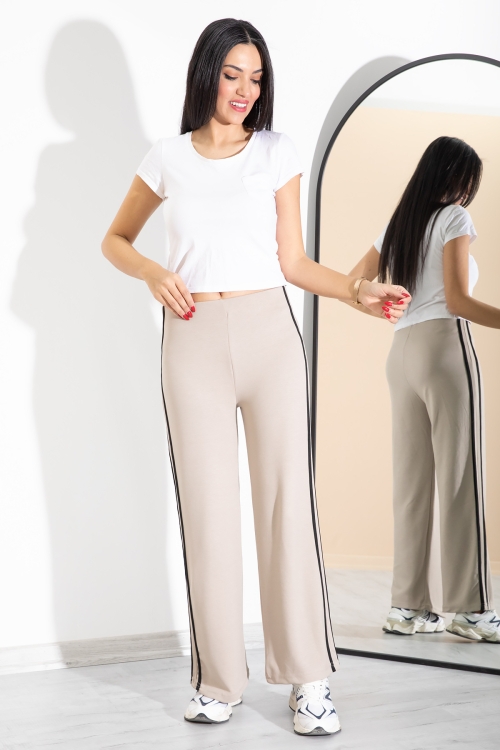 Bej Yanları Şeritli Geniş Paça Kadın Eşofman Altı 20369