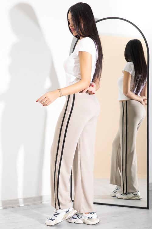 Bej Yanları Şeritli Geniş Paça Kadın Eşofman Altı 20369