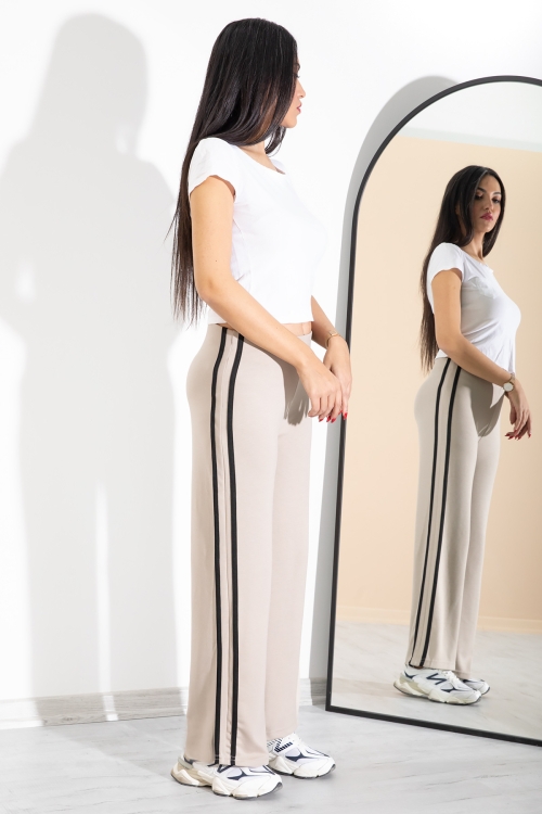 Bej Yanları Şeritli Geniş Paça Kadın Eşofman Altı 20369