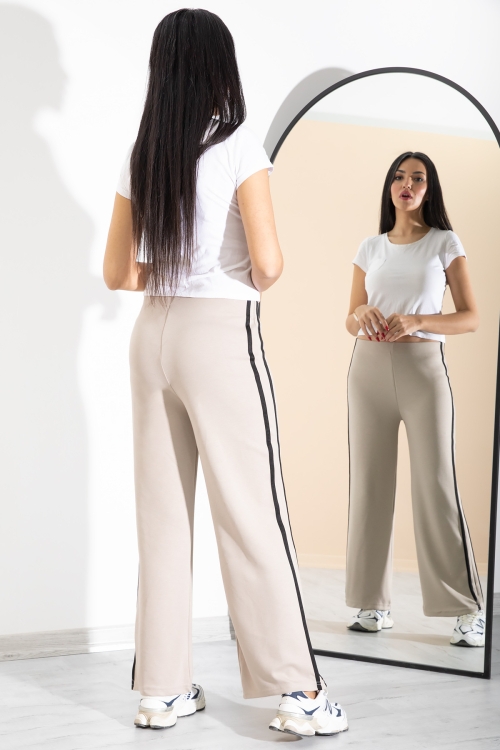 Bej Yanları Şeritli Geniş Paça Kadın Eşofman Altı 20369