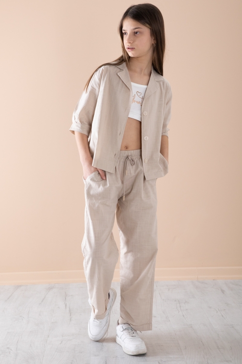 Bej Yarım Kol Kız Çocuk 3lü Croplu Takım 20324