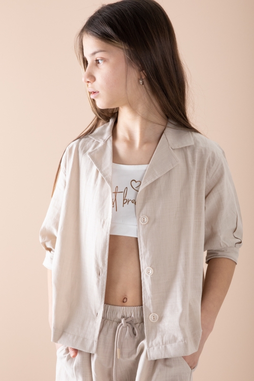 Bej Yarım Kol Kız Çocuk 3lü Croplu Takım 20324