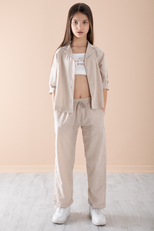 Bej Yarım Kol Kız Çocuk 3lü Croplu Takım 20324