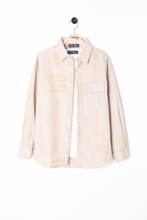 Bej Yazı Baskılı Gömlek Beyaz Tişörtlü Erkek Çocuk 2li Takım 20139