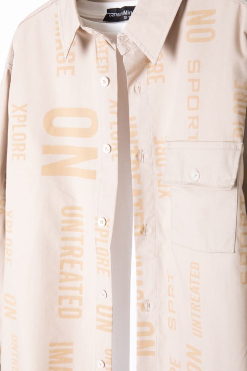 Bej Yazı Baskılı Gömlek Beyaz Tişörtlü Erkek Çocuk 2li Takım 20139