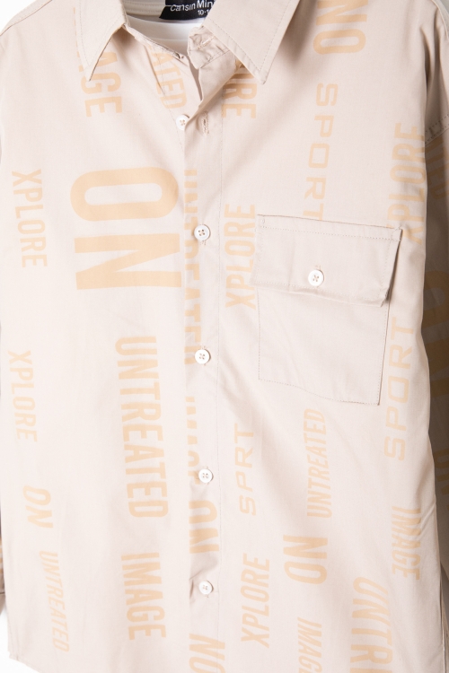 Bej Yazı Baskılı Gömlek Beyaz Tişörtlü Erkek Çocuk 2li Takım 20139