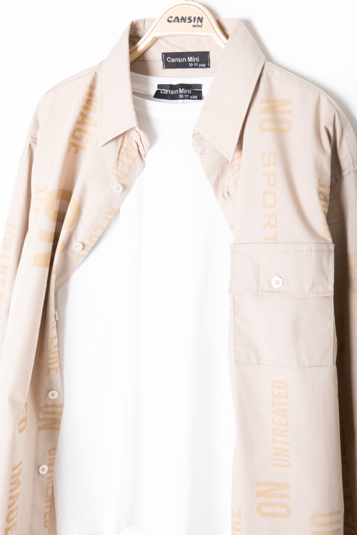 Bej Yazı Baskılı Gömlek Beyaz Tişörtlü Erkek Çocuk 2li Takım 20139