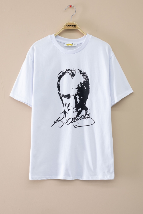 Beyaz Atatürk Baskılı Bisiklet Yaka Çocuk T-shirt Unisex 20553