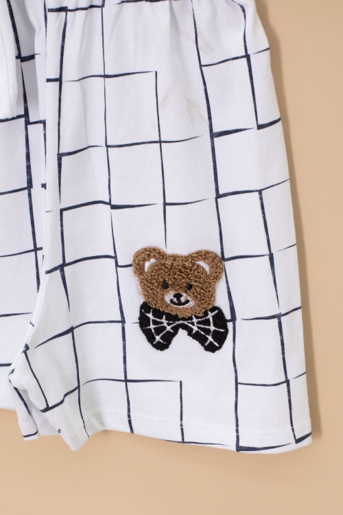 Beyaz Ayıcık Nakışlı Kısa Kol Tişörtlü Erkek Çocuk Şortlu Takım 20586