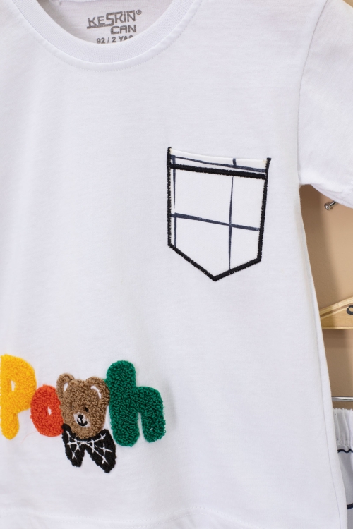 Beyaz Ayıcık Nakışlı Kısa Kol Tişörtlü Erkek Çocuk Şortlu Takım 20586