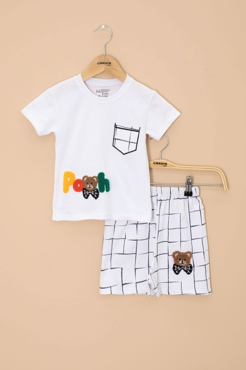 Beyaz Ayıcık Nakışlı Kısa Kol Tişörtlü Erkek Çocuk Şortlu Takım 20586
