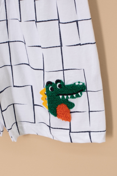 Beyaz Dino Cep Nakışlı Kısa Kol Tişörtlü Erkek Çocuk Şortlu Takım 20576