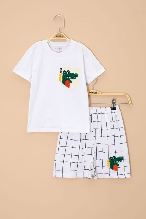 Beyaz Dino Cep Nakışlı Kısa Kol Tişörtlü Erkek Çocuk Şortlu Takım 20576