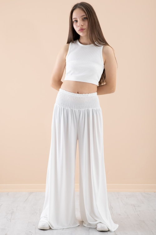 Beyaz Fitilli Croplu Kız Çocuk Geniş Kesim Pantolonlu Takım 20381