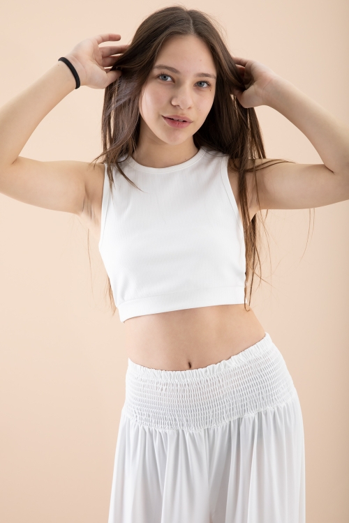 Beyaz Fitilli Croplu Kız Çocuk Geniş Kesim Pantolonlu Takım 20381