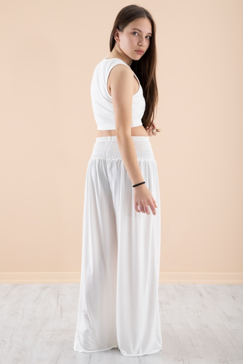 Beyaz Fitilli Croplu Kız Çocuk Geniş Kesim Pantolonlu Takım 20381