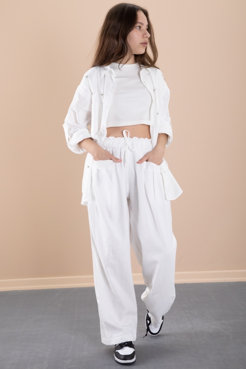 Beyaz Kız Çocuk Croplu Taşlı Gömlek ve Pantolonlu 3lü Takım 20468