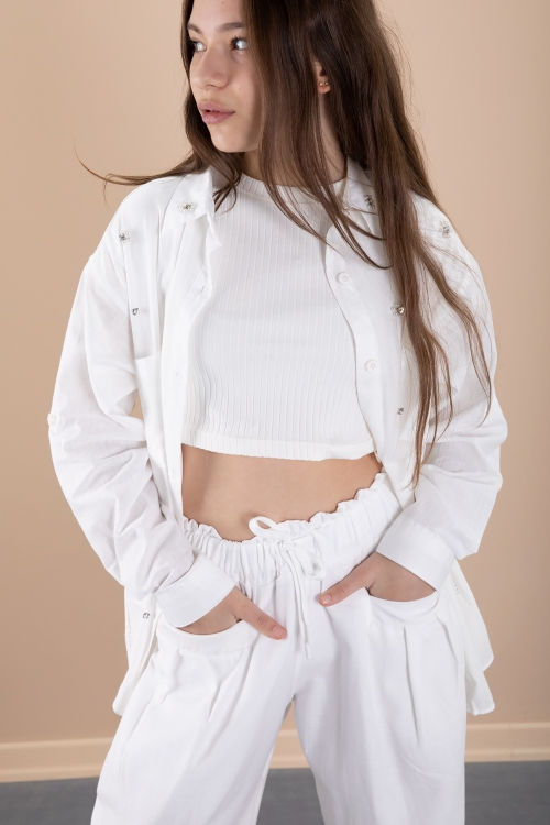 Beyaz Kız Çocuk Croplu Taşlı Gömlek ve Pantolonlu 3lü Takım 20468