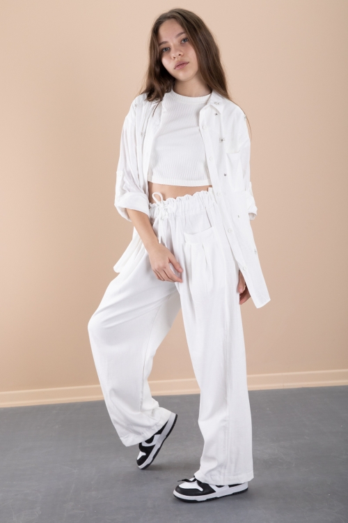 Beyaz Kız Çocuk Croplu Taşlı Gömlek ve Pantolonlu 3lü Takım 20468