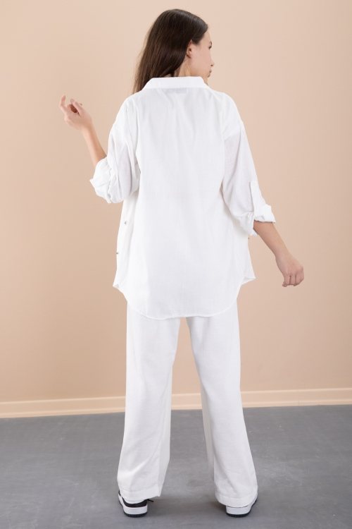 Beyaz Kız Çocuk Croplu Taşlı Gömlek ve Pantolonlu 3lü Takım 20468