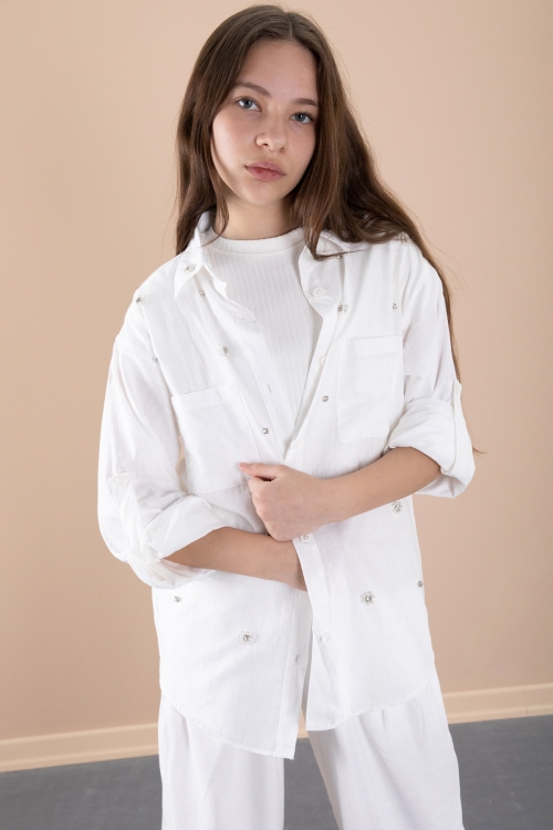 Beyaz Kız Çocuk Croplu Taşlı Gömlek ve Pantolonlu 3lü Takım 20468