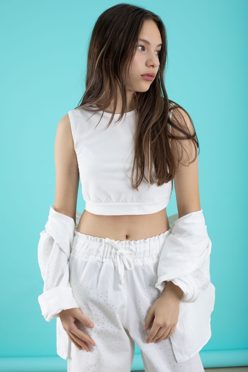 Beyaz Kız Çocuk Taş Detaylı Croplu 3lü Takım 20386