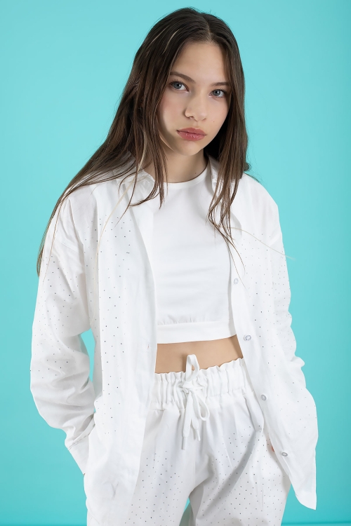 Beyaz Kız Çocuk Taş Detaylı Croplu 3lü Takım 20386