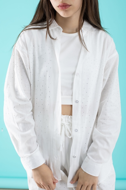 Beyaz Kız Çocuk Taş Detaylı Croplu 3lü Takım 20386