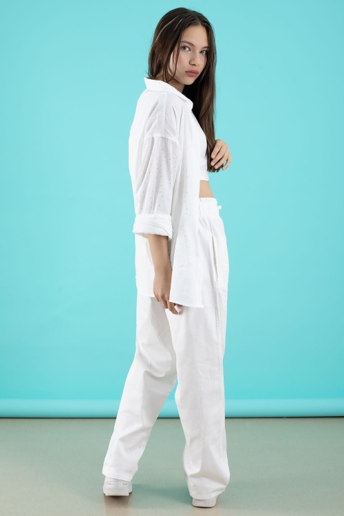 Beyaz Kız Çocuk Taş Detaylı Croplu 3lü Takım 20386