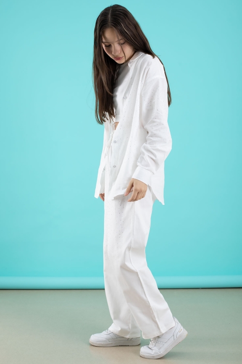 Beyaz Kız Çocuk Taş Detaylı Croplu 3lü Takım 20386