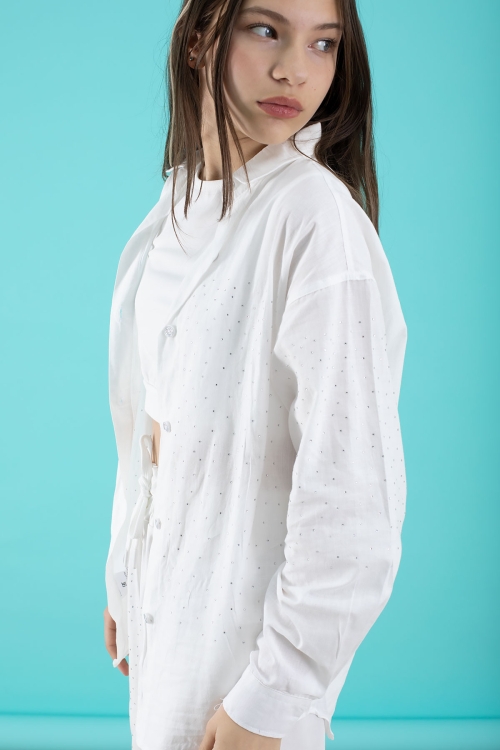 Beyaz Kız Çocuk Taş Detaylı Croplu 3lü Takım 20386