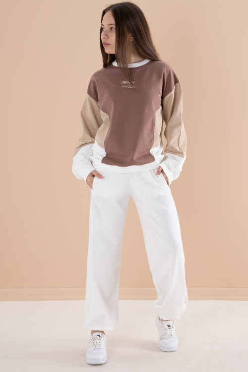 Ekru Angels Yazılı Bisiklet Yaka Kız Çocuk Eşofman Takımı 19977