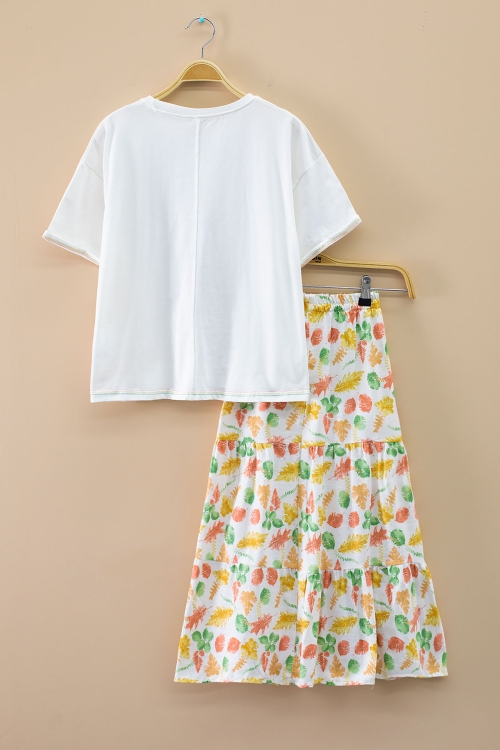 Ekru Desenli Tişörtlü Uzun Kesim Etekli Kız Çocuk Takım 20070