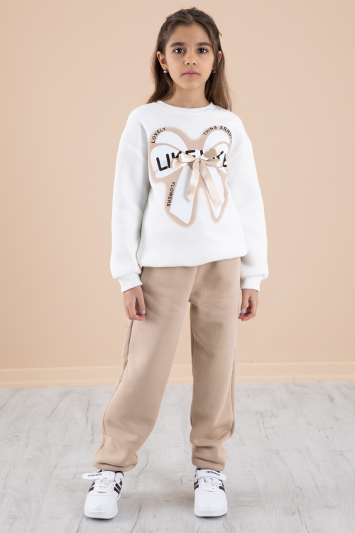 Ekru Fiyonklu Şardonlu Kız Çocuk Eşofman Takımı 20249