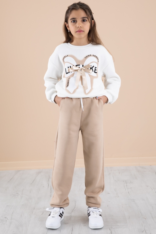 Ekru Fiyonklu Şardonlu Kız Çocuk Eşofman Takımı 20249