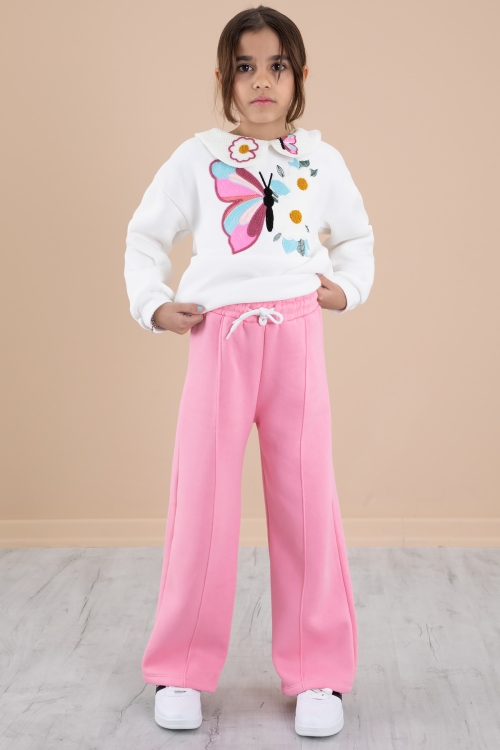 Ekru Kelebek Nakışlı Dantel Yakalı Şardonlu Kız Çocuk Eşofman Takımı 20240