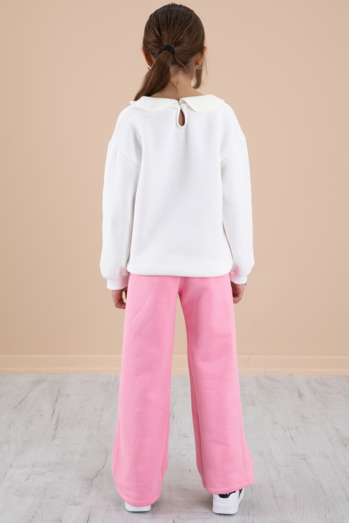 Ekru Kelebek Nakışlı Dantel Yakalı Şardonlu Kız Çocuk Eşofman Takımı 20240