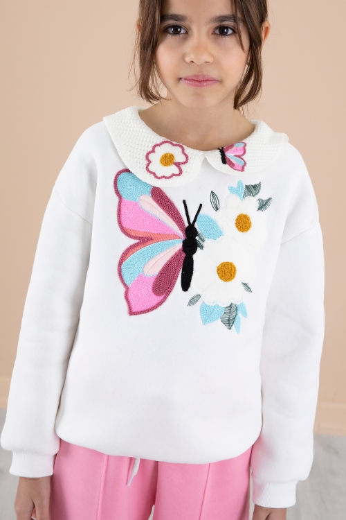 Ekru Kelebek Nakışlı Dantel Yakalı Şardonlu Kız Çocuk Eşofman Takımı 20240