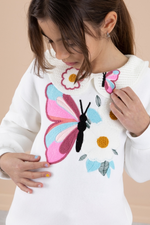 Ekru Kelebek Nakışlı Dantel Yakalı Şardonlu Kız Çocuk Eşofman Takımı 20240