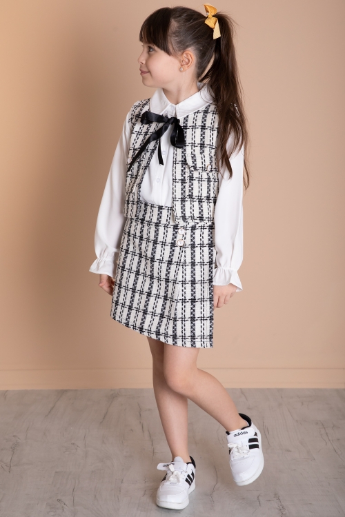 Ekru Mavi Fiyonklu Yelekli Düğme Detaylı Şort Etekli Kız Çocuk 3lü Takım 20318