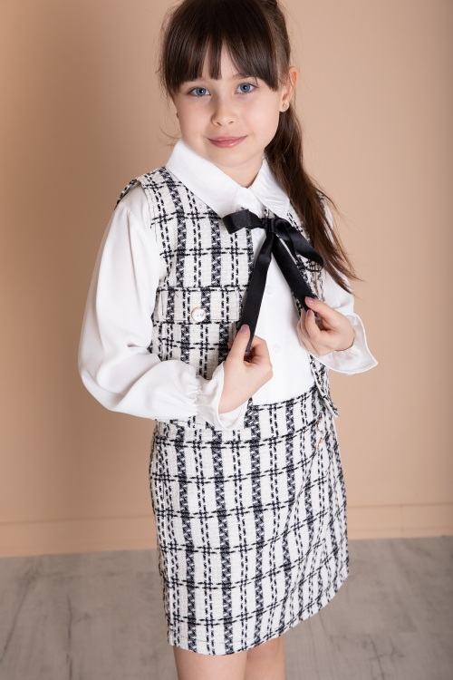 Ekru Mavi Fiyonklu Yelekli Düğme Detaylı Şort Etekli Kız Çocuk 3lü Takım 20318