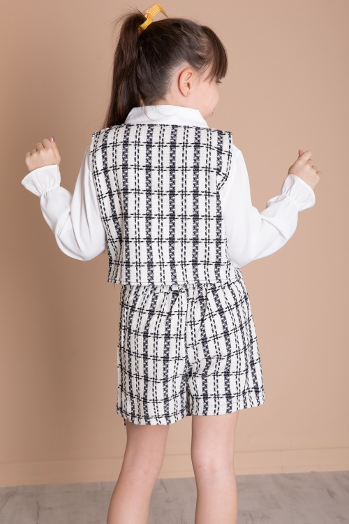 Ekru Mavi Fiyonklu Yelekli Düğme Detaylı Şort Etekli Kız Çocuk 3lü Takım 20318