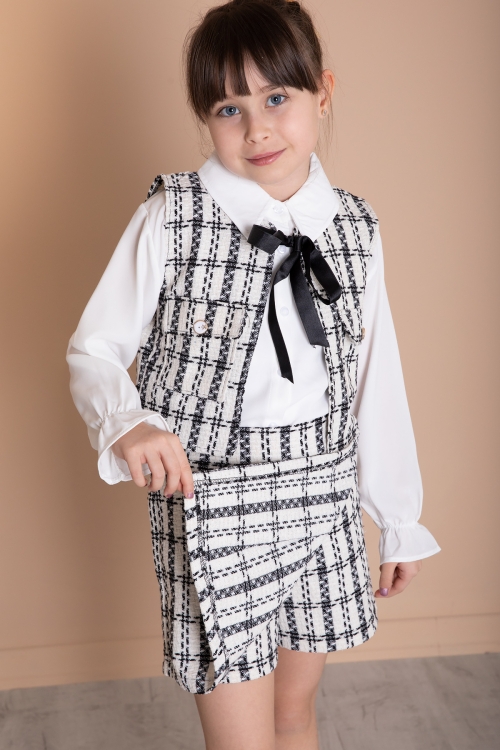 Ekru Mavi Fiyonklu Yelekli Düğme Detaylı Şort Etekli Kız Çocuk 3lü Takım 20318