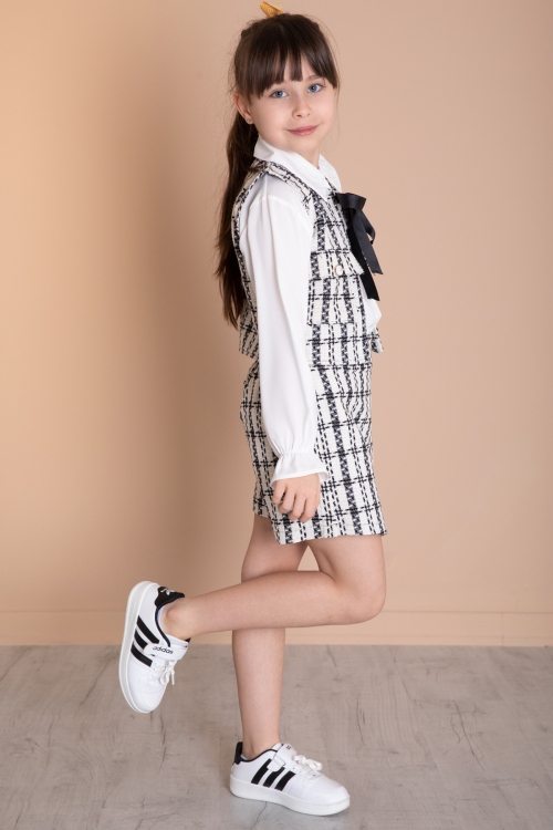 Ekru Mavi Fiyonklu Yelekli Düğme Detaylı Şort Etekli Kız Çocuk 3lü Takım 20318