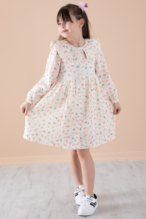 Ekru Yaprak Desenli Düğmeli Müslin Kız Çocuk Elbise 20309