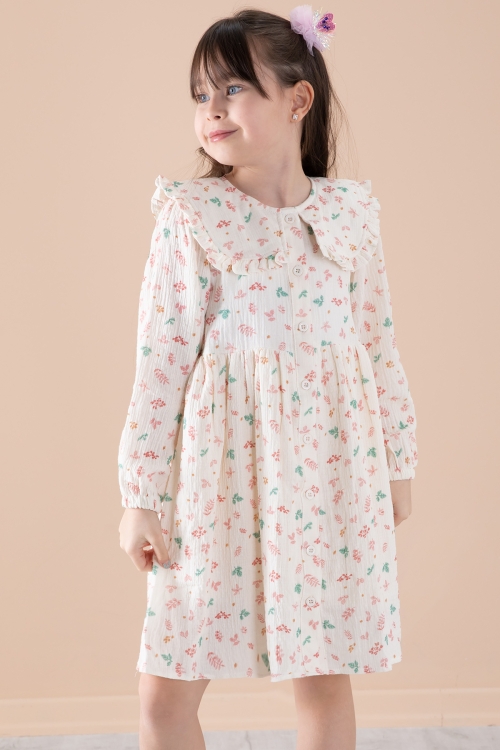 Ekru Yaprak Desenli Düğmeli Müslin Kız Çocuk Elbise 20309