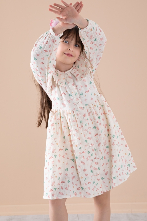 Ekru Yaprak Desenli Düğmeli Müslin Kız Çocuk Elbise 20309
