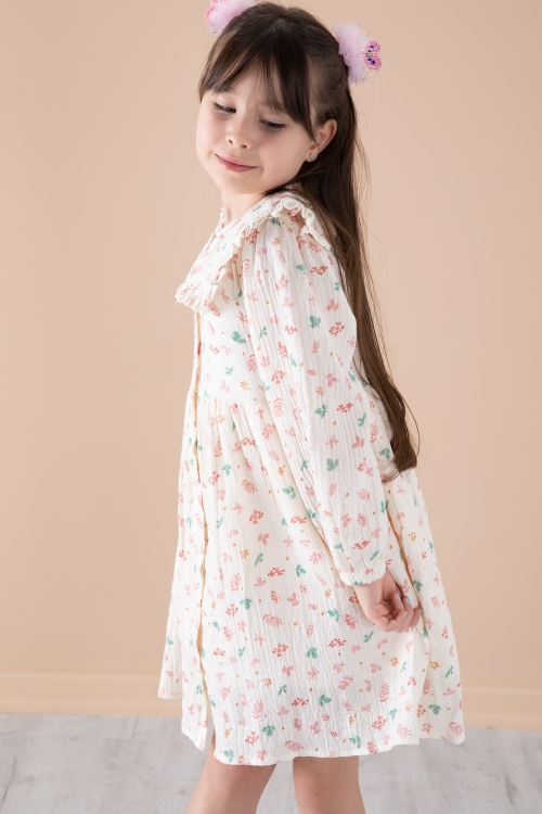 Ekru Yaprak Desenli Düğmeli Müslin Kız Çocuk Elbise 20309